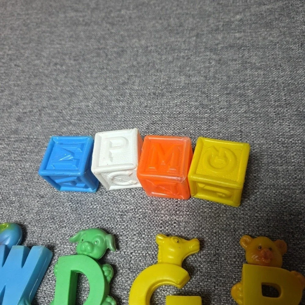 Vintage Blow Mold Soft Plastic ABC Letters Blocks Animals Nursery Toy Decor 60's